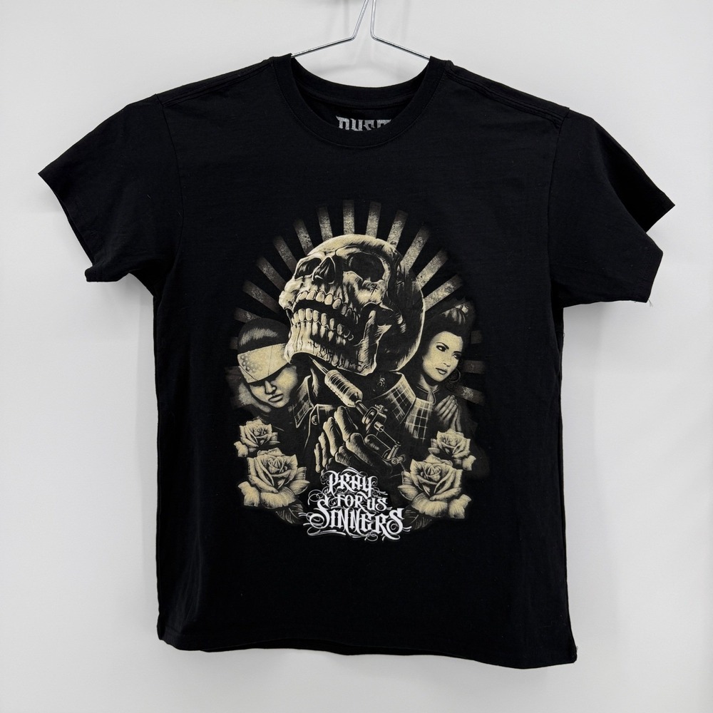 Dyse One T-Shirt Mens L Black Graphic Cotton Blend Pray For Us Sinners Skull